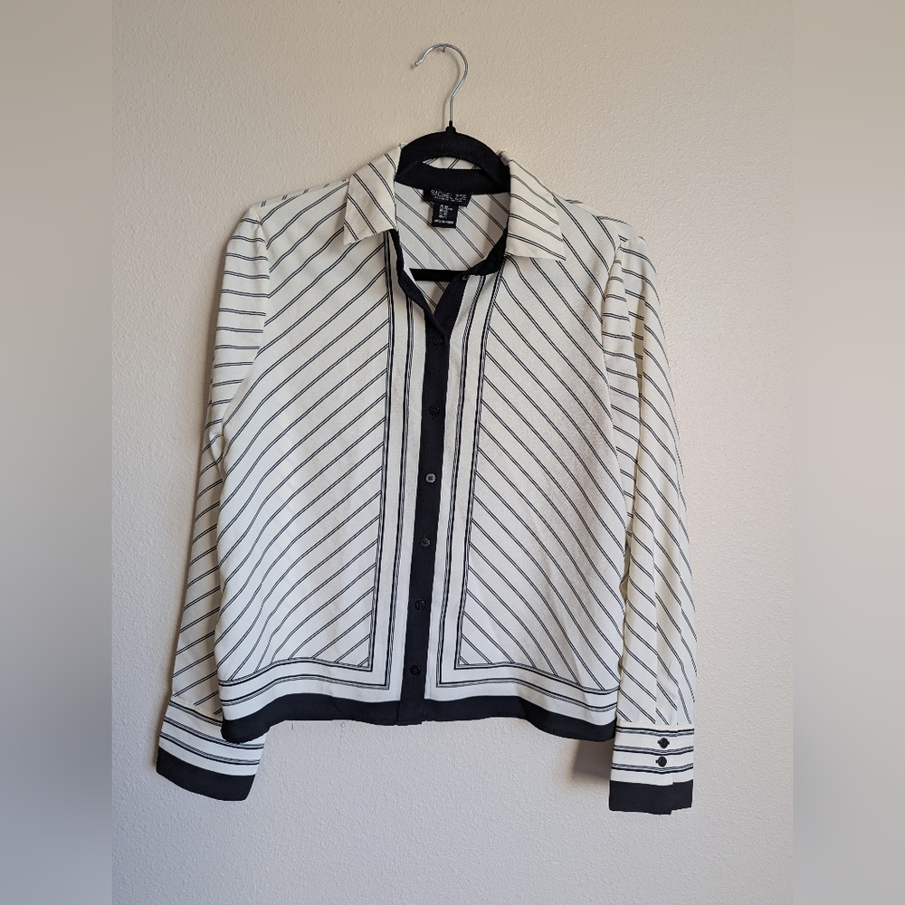 Rachel Zoe Black and White Notched Collar Button Down Shirt Size XS